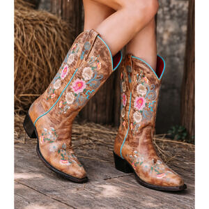 Macie Bean Rose Garden Western Boot Floral Embroidered Leather Brown Size 6 M